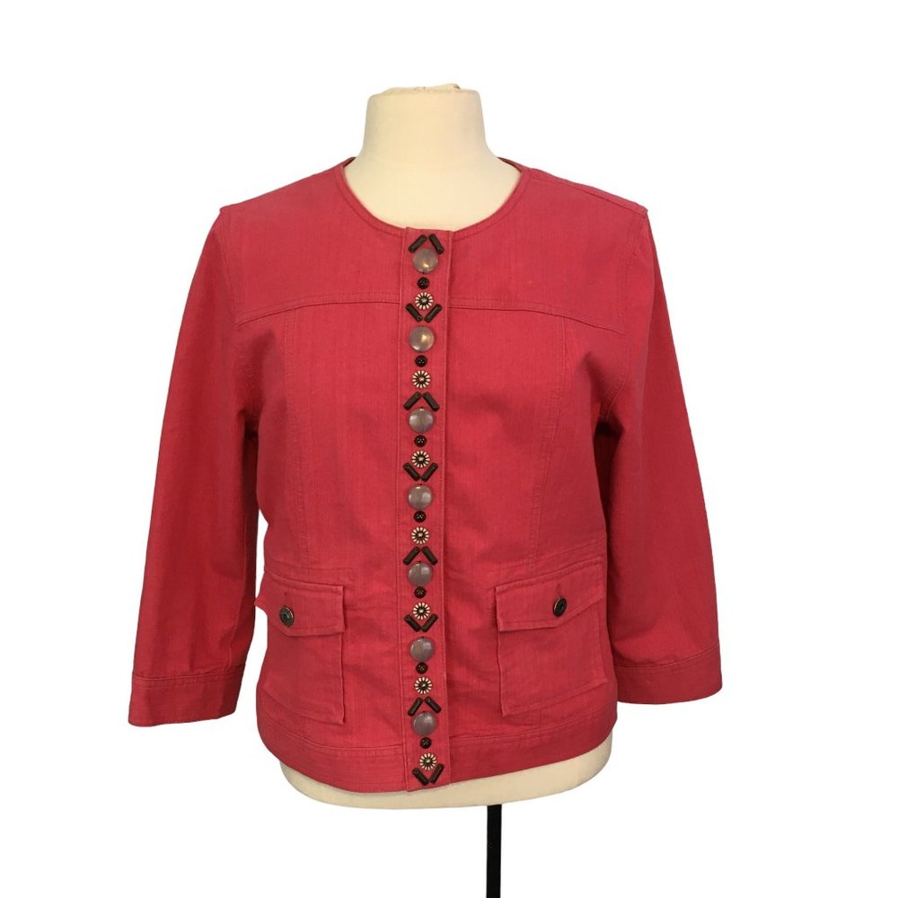 Ruby Rd. Womens Coral Pink Embellished Blazer Jacket, Snaps , Pockets, sz 12